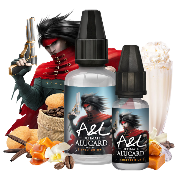 Concentré DIY alucard sweet edition de la marque ultimate A&L en 30ml, avec du milkshake au café, de la vanille, du caramel et du biscuit. en fond montrant les saveurs de ce concentré