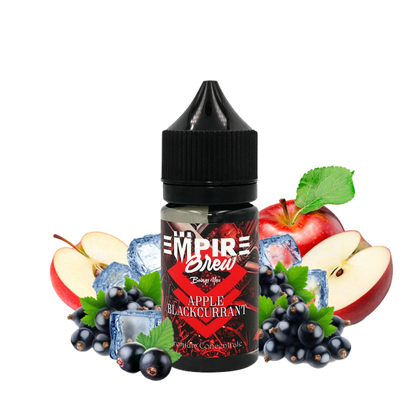 une photo du concentré arôme Apple Blackcurrant de la marque Empire Brew en 30ml, pomme et cassis juteux en fond montrant quelles saveurs ce concentré a Xvape casablanca