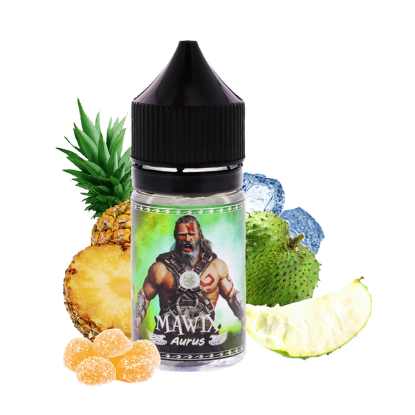 une photo de l'arôme concentré Aurus de la marque Mawix en 30ml avec un bonbon acidulé aux saveurs d'ananas et de graviola et une pointe de fraîcheur en fond montrant quelles saveurs a ce concentré Xvape casablanca