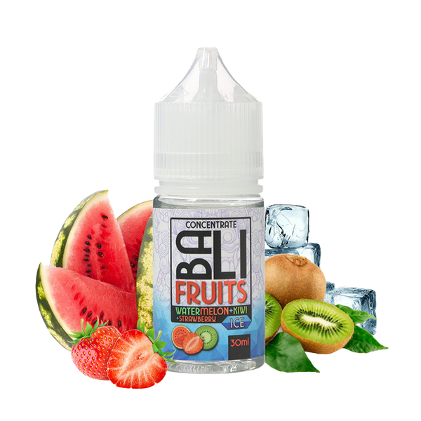 une photo de l'arôme concentré BALI pastèque kiwi fraise glace de la marque kings crest en 30ml avec pastèque kiwi fraise et du ice en fond montrant les saveurs de ce concentré Xvape casablanca