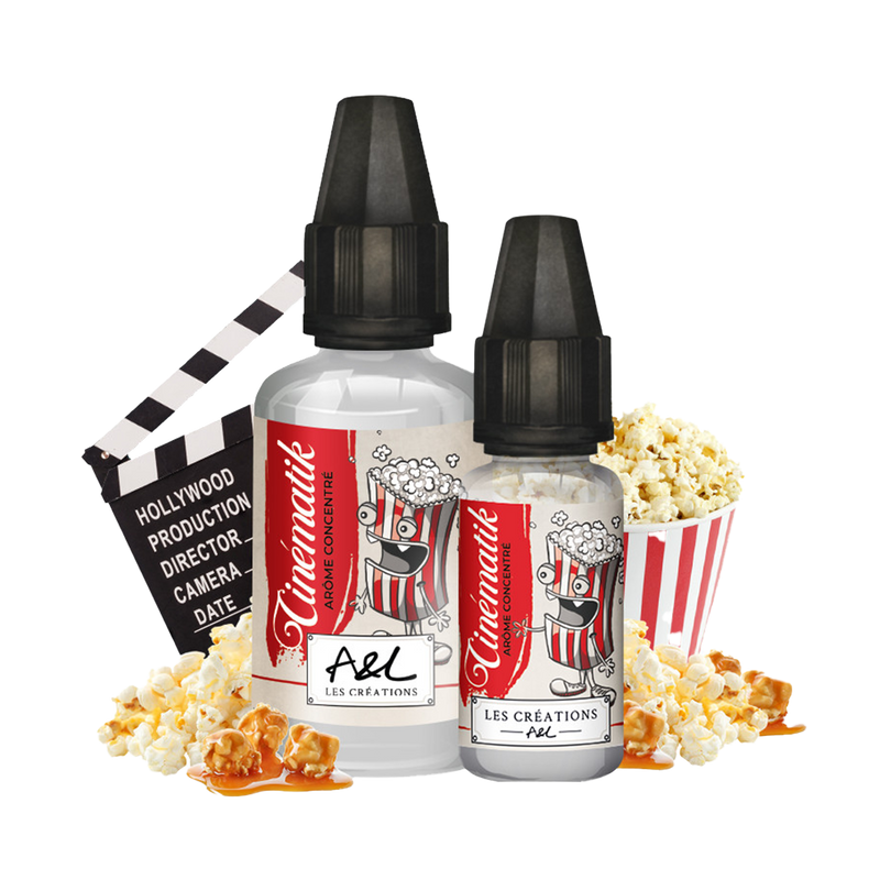 Concentré DIY création cinematik de la marque A&L en 30ml, avec un somptueux pop-corn gourmand en fond montrant les saveurs de ce concentré