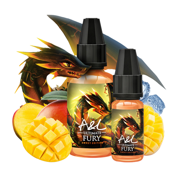 Concentré DIY FURY - SWEET EDITION de la marque A&L ultimate en 30ml, avec mangue et glaçons en fond montrant les saveurs de ce concentré