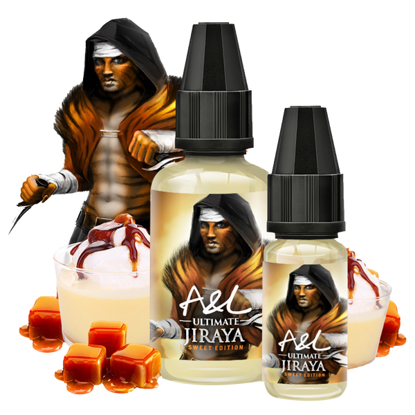 une photo de l'arôme concentré JIRAYA - SWEET EDITION de la marque A&L ultimate en 30ml, avec île flottante et du caramel en fond montrant les arômes de ce concentré