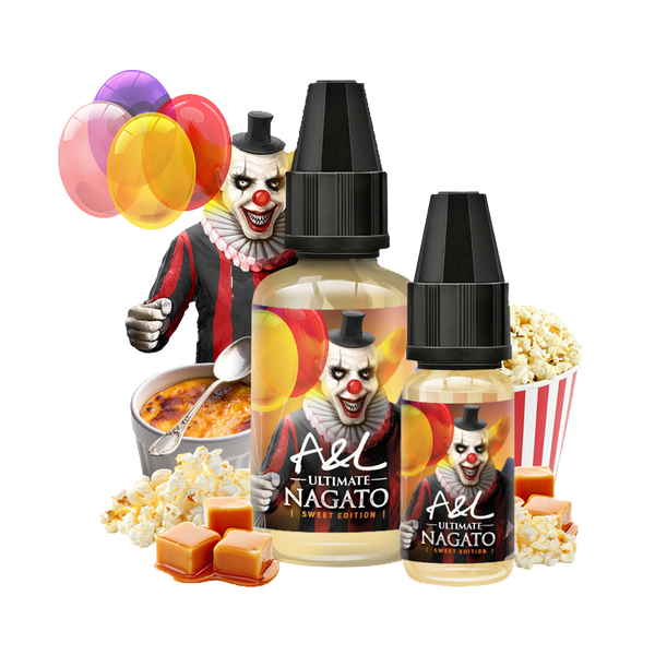 une photo de l'arôme concentré NAGATO - SWEET EDITION de la marque A&L ultimate en 30ml, avec pop-corn caramélisé et crème brulée en fond montrant les arômes de ce concentré