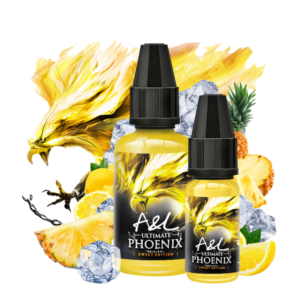 une photo de l'arôme concentré PHOENIX - SWEET EDITION de la marque A&L ultimate en 30ml, avec ananas et citron en fond montrant quelles saveurs possède ce concentré