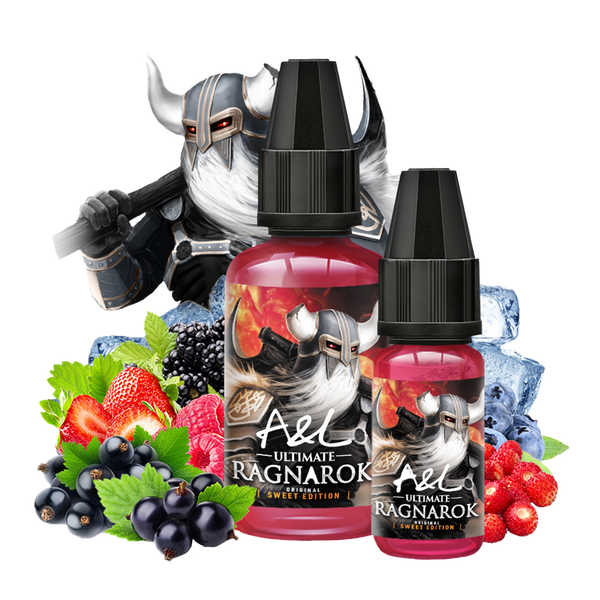 une photo de l'arôme concentré RAGNAROK - SWEET EDITION de la marque A&L ultimate en 30ml, avec des arômes de fruits rouges, myrtilles, fraises des bois, mûres, framboises et cassis en fond montrant quelles saveurs possède ce concentré