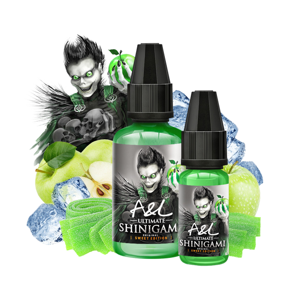 une photo de l'arôme concentré RAGNAROK - SWEET EDITION de la marque A&L ultimate en 30ml, aux Pommes acidulées juteuses, avec quelques réminiscences de bonbon vert recouvert de sucre en fond montrant quelles saveurs ce concentré a par Xvape casablanca