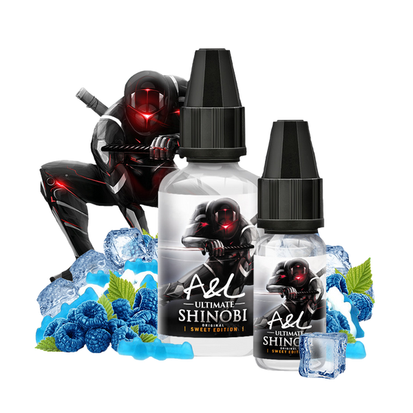 une photo de l'arôme concentré RAGNAROK - SWEET EDITION de la marque A&L ultimate en 30ml, avec potion de Blue Iced Framboises. Une recette surprenante, teintée de bleu, fraîche comme une glace. à l'arrière-plan montrant les saveurs de ce concentré par Xvape casablanca