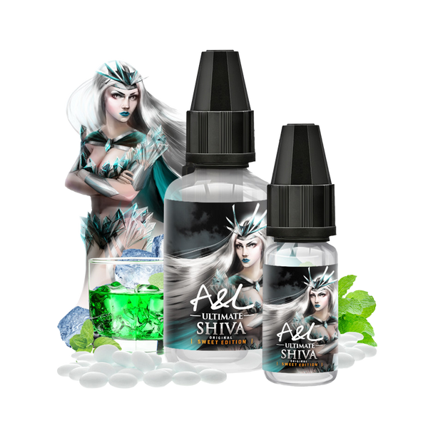 une photo de l'arôme concentré RAGNAROK - SWEET EDITION de la marque A&L ultimate en 30ml, avec un mélange glacé de bonbon à la menthe et de sirop de menthe fraîche en arrière-plan montrant les saveurs de ce concentré par Xvape casablanca