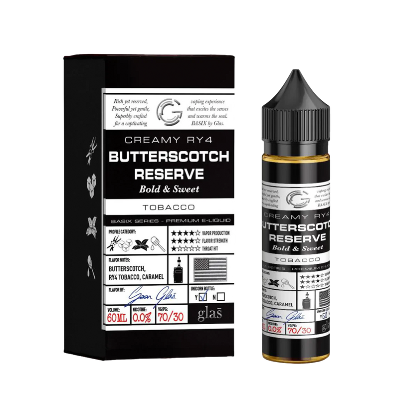 Glas Basix Creamy RY4 Butterscotch Reserve 60ml  E-liquide premium  xvape.ma Maroc.
