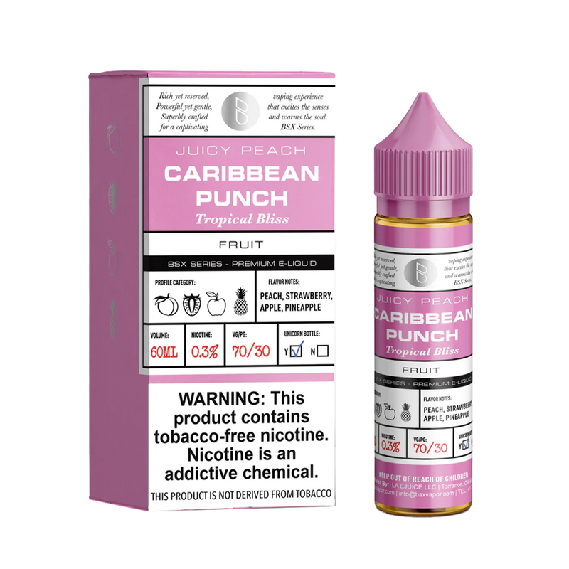 Glas Basix Juicy Peach Caribbean Passion 60ml  E-liquide premium  xvape.ma Maroc.