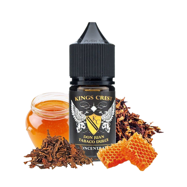 une photo de l'arôme concentré Don Juan tabac Dulce de la marque kings crest en 30ml au classic blond avec de douces notes de caramel et de chocolat en fond montrant quelles saveurs a ce concentré Xvape casablanca