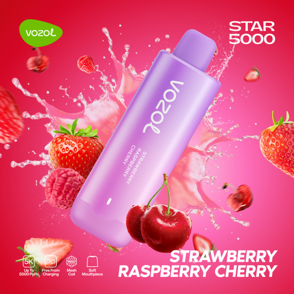 Vozol Star 5000 Puffs - Strawberry Raspberry Cherry - 5%  Jetable  xvape.ma Maroc.